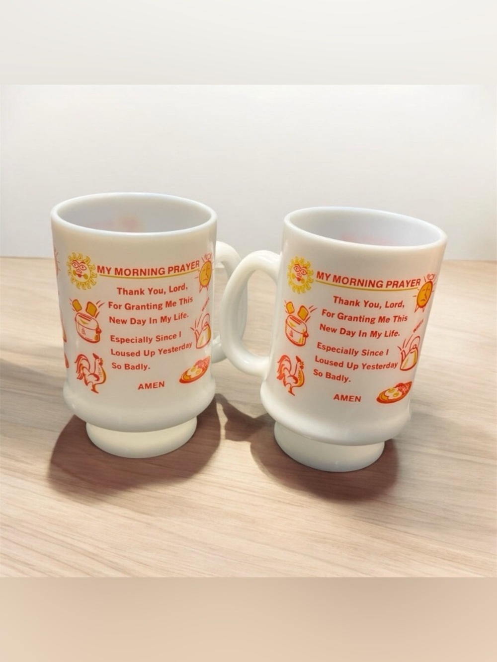Vintage Set of 2 Milk Glass My Morning Prayer Pedestal Coffee Mugs Retro Funny